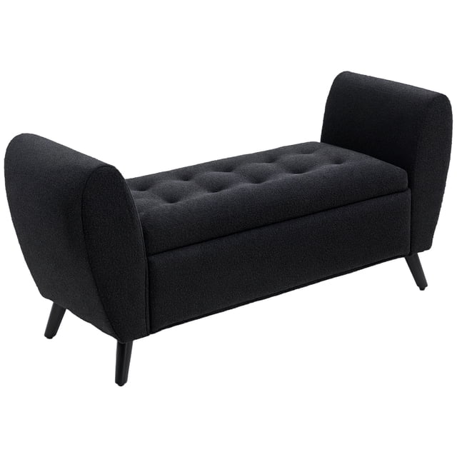 HOMCOM Banc de Rangement Rembourré, Banc ottoman Moderne Noir avec Accoudoirs. Présente un design Capitonné à Boutons, un Tissu au Toucher Lin Doux et des Accoudoirs Ovales. Comprend un Compartiment de Rangement Caché sous le Siège Relevable. Est Soutenu par des Pieds en Bois de Caoutchouc avec des Pieds Ajustables pour la Stabilité. Convient pour une Utilisation dans les Entrées, les Chambres Ou les Salons. Dimensions : 55,1 Pouces de Large, 19,3 Pouces de Profondeur et 26,8 Pouces de Hauteur.
