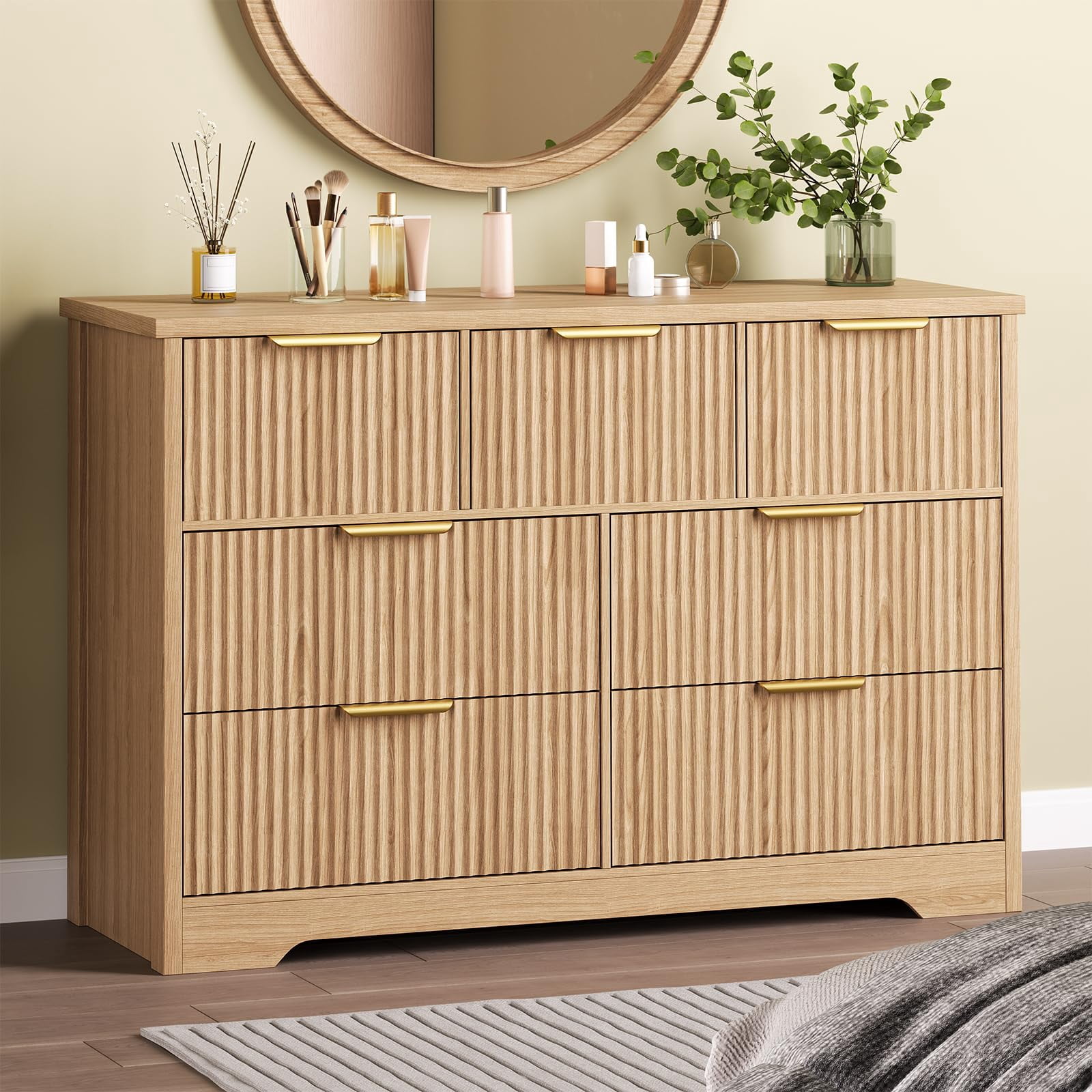 BeesClover Fluted Dresser for Bedroom with 7 Drawers, Wide Modern Chest Drawers w/Metal Handle, Wooden Dresser TV Stand, Storage Organizer for Bedroom, Living Room, Hallway