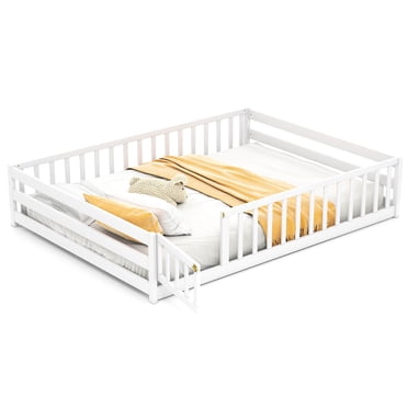Costway Full Size Floor Bed with Full Length Safety Guardrails & Door for Boys, Girls White