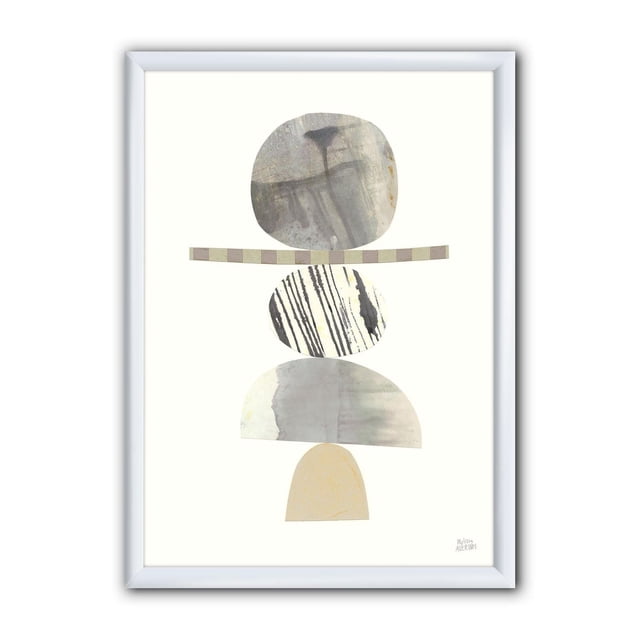 Designart Geometric Balance Neutral I Framed Wall Art featuring an abstract stack of four neutral-toned geometric shapes including textured gray and striped ovals, a muted semicircle, and beige arch on premium cotton canvas with a white 1.5-inch frame, ready to hang with included kit.