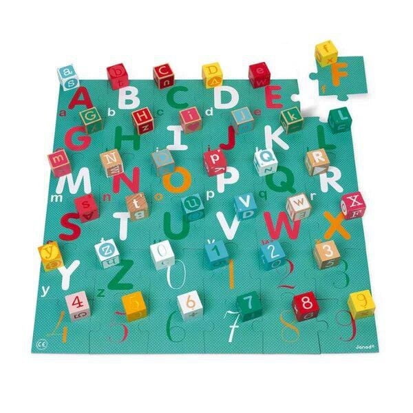 Janod Kubix 40 Block Set Letters and Numbers with 40 brightly colored wooden cubes featuring upper and lower-case alphabets and numbers 0 to 9, arranged on a 36-piece teal puzzle mat measuring 23.6 by 23.6 inches, designed for toddlers 2 years and older to support fine motor skills and early learning in math and literacy.
