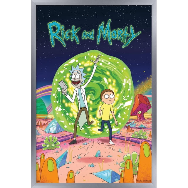Rick And Morty - Affiche Murale de Couverture, 22,375 Pouces x 34 Pouces Représentant des Personnages Animés Rick And Morty Debout devant un Portail Vert Lumineux sur un Paysage Extraterrestre Coloré avec des Cristaux, des Plantes Étranges et un Ciel Nocturne Étoilé, Imprimée sur du Papier Fini Satiné Lustré, Convient pour Décorer des Chambres, des Bureaux Ou des Espaces de Fête.