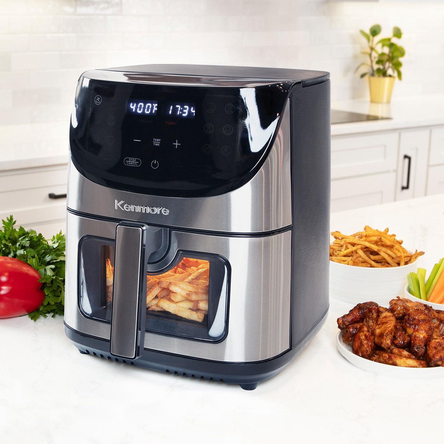 Kenmore 8 Qt Air Fryer 1700W 12 Presets Digital Touch Screen Stainless Steel Family Size Nonstick Basket Easy Cleanup Dishwasher Safe OilLess Cooking
