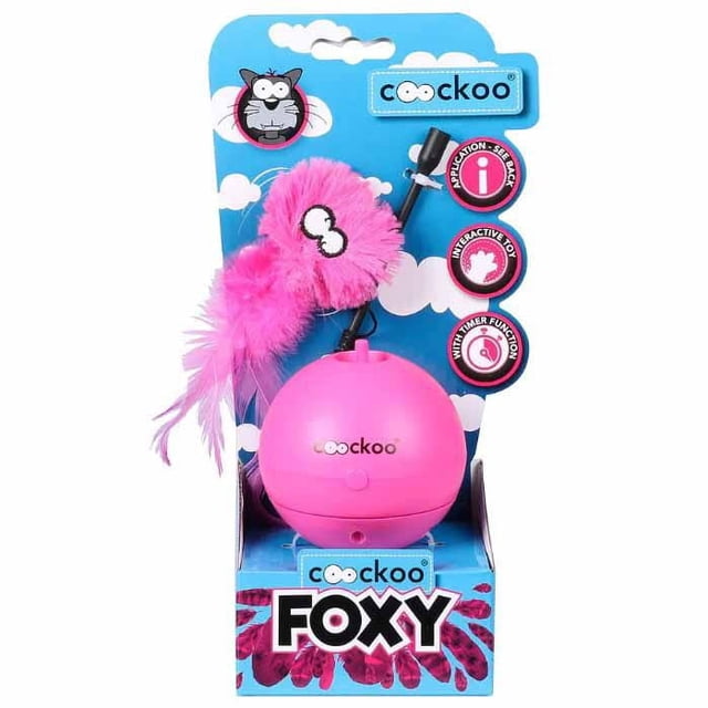 Petpals Group Interactive Coockoo Cat toy Tumbler in bright pink with a round base and attached fluffy pink feathered bird with googly eyes, designed to rotate, vibrate, and whistle with timer function, packaged on a blue cloud-themed card labeled 'Coockoo Foxy' for interactive electronic cat play.
