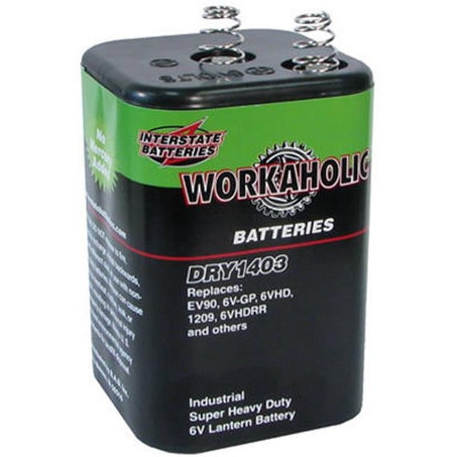 Interstate All Battery DRY1403 Heavy Duty Lantern Battery - 6V, with a spring top design and multicolour casing. Ideal for industrial applications and general-purpose lanterns, compatible with models like EV90 and 6VHD.