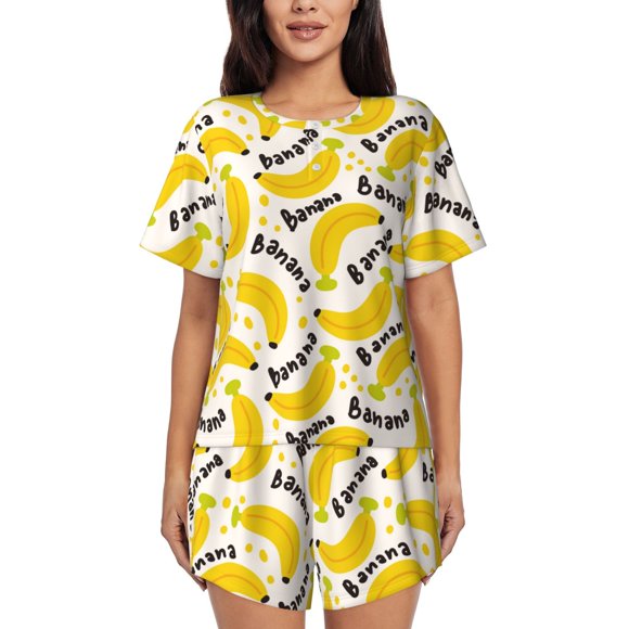 Vsdgher Banana Fruit Pattern Womens Pajamas 2 Piece Short Sleeve Sleepwear Set,Summer Soft Pajamas Set Casual Lounge Sets, 2-Piece Pj-Large