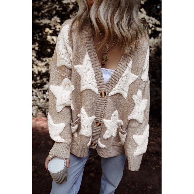 FOLUNSI Chic Sherpa Knit Cardigan for women, crafted from a beige polyester blend with textured white sherpa star patterns. Features a relaxed fit, slouchy silhouette, v-neck, buttoned front, and front-side pockets. Perfect for layering as warm winter wear or casual fall outfits. Styled with light blue jeans and gold necklaces.