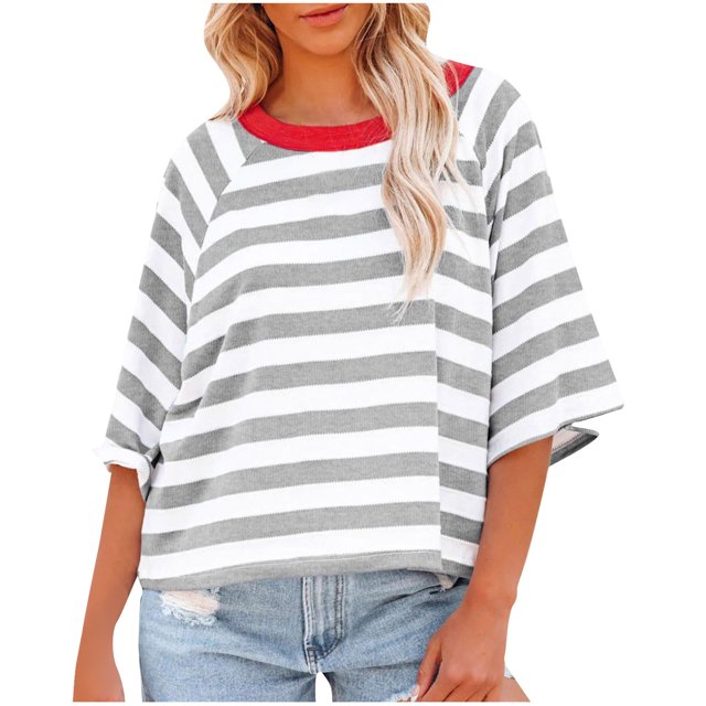 Penkiiy Hauts pour Femmes à Rayures 2025 Mode T-Shirts à Manches 3/4 pour Femmes Design à Blocs de Couleur T-Shirt Basique Ample S Gris
