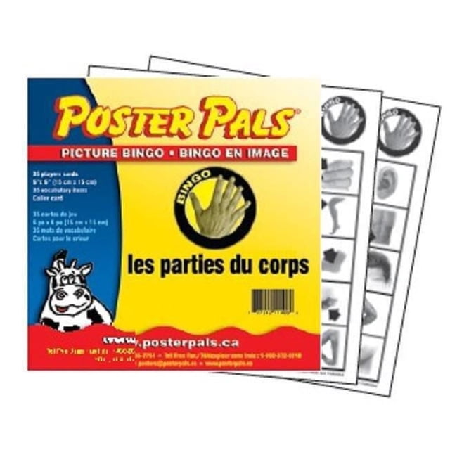 Bingo sur les Parties du Corps en Français par Poster Pals Comprend 35 Cartes Carrées de Six Pouces de Couleur avec Vocabulaire Français pour les Parties du Corps, Présentées avec une Boîte Jaune et Bleue et des Cartes de Bingo Noir et Blanc Montrant des images de Parties du Corps, Convient aux Enfants et aux Jeux en Famille.