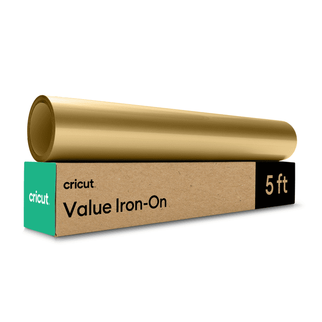 Cricut® Value Iron-On 12 in x 5 ft gold roll with matte finish resting on its cardboard box labeled 'Value Iron-On' and '5 ft', designed for heat pressing on fabrics and compatible with Cricut cutting machines, also suitable for customizing bags and jackets.