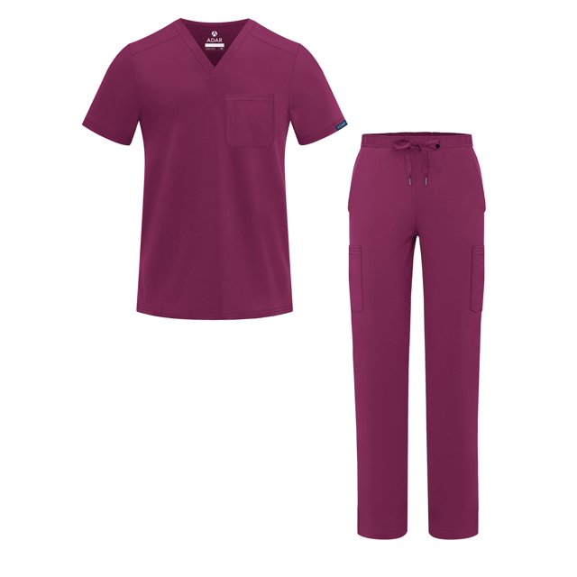 Adar Addition Go-Basic Scrub Set for Men - Classic V-Neck Scrub Top & Cargo Scrub Pants - A9300 - Wine - L