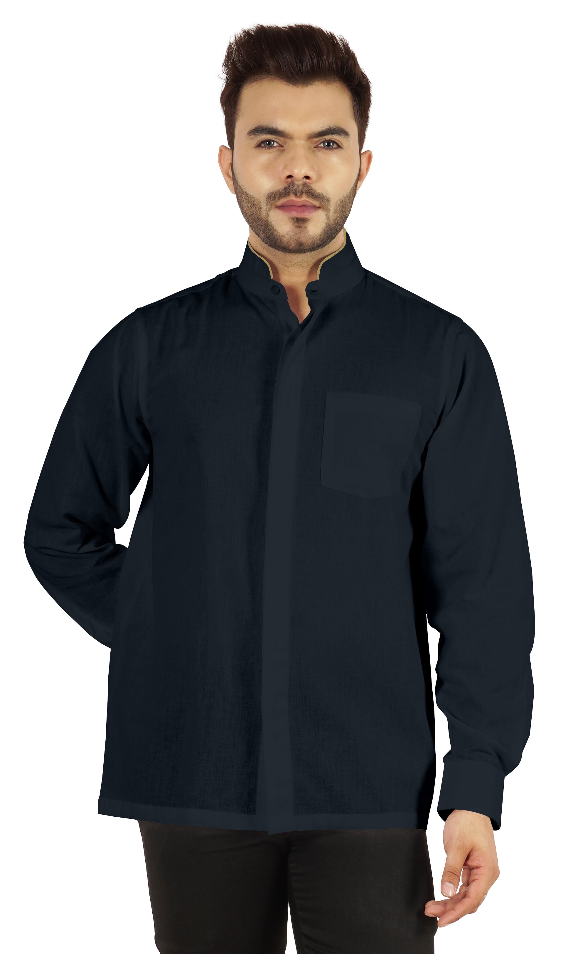 Bestman Solid Long Sleeve Shirt For Mens Front Double Button Placket Chinese Collar Shirt