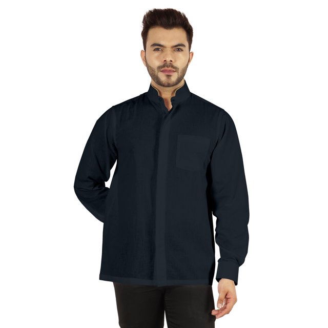 Bestman Solid Long Sleeve Shirt For Mens Front Double Button Placket Chinese Collar Shirt
