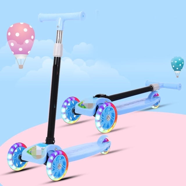 Trottinette Pliable pour Enfants Trottinette à Pousser Pliable Trottinette à Roue Clignotante Trottinette pour Enfants Pliable Planeur à 3 Roues Clignotantes Pousser Hauteur Réglable Plateau Grand pour Garçons Filles de 2 à 8 Ans Bleu. la Trottinette Présente un Guidon Pliable pour une Portabilité Facile, une Barre en T Ajustable pour la Personnalisation de la Hauteur, et Trois Roues Clignotantes pour Plus de Plaisir. Fabriquée en Plastique et Métal, Elle Est Conçue pour les Enfants de 2 à 8 Ans. Présentée dans une Couleur Bleue Vibrante avec un Arrière-Plan Ludique Comprenant des Montgolfières.