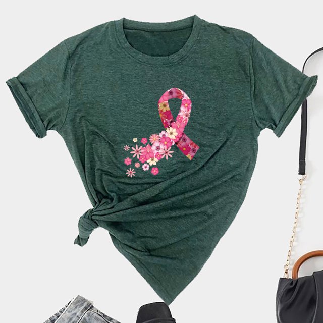TIMIFIS Chandails de Sensibilisation au Cancer du Sein pour Femmes Été Ample Imprimé T-Shirt à Col Rond Manches Courtes Blouse Décontractée Automne/hiver