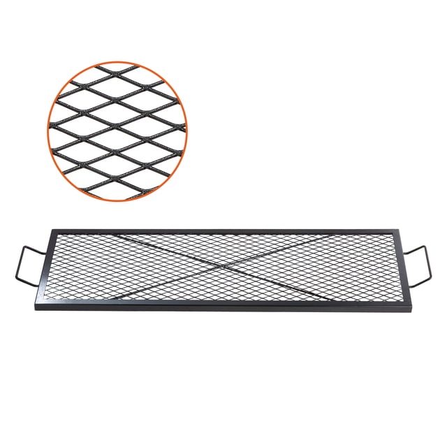 VEVOR Grille de Foyer X-Marks, Grille de Cuisson Rectangulaire en Acier Noir de 44 Pouces avec Maille en Losange pour une distribution Uniforme de la Chaleur. Comprend Deux Poignées pour la Portabilité et Supporte jusqu'à 44 Lb. Convient à la Cuisson sur Feu de Camp, aux BBQ et aux Rassemblements en Plein Air, avec Résistance aux Hautes Températures jusqu'à 572 °F.