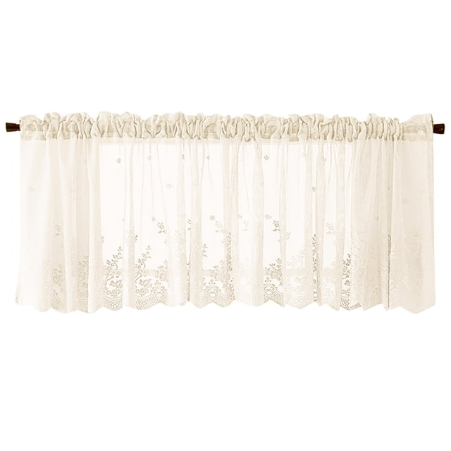 Woven Textured Valance for Bathroom Water Repellent Window Covering. This lace valance features an elegant floral print with crochet detailing, providing a lightweight and breathable design. Measuring approximately 130 x 41 cm, it includes a rod pocket for easy installation on various curtain rods. The valance allows natural light to enter while offering privacy, making it suitable for kitchens, bathrooms, bedrooms, or cafes. The neutral tone complements diverse decor styles.