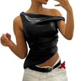 thumbnail image 1 of Women's Off Shoulder Faux Leather Tank Top - Sleeveless, Asymmetrical, Side Ruched, Slim Fit, Perfect for Night Out, 1 of 4
