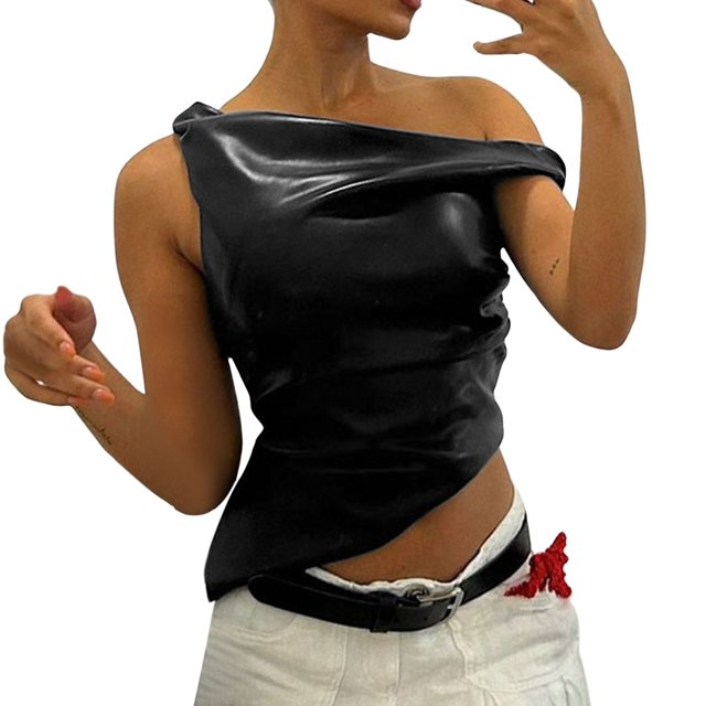 Women's Off Shoulder Faux Leather Tank Top - Sleeveless, Asymmetrical, Side Ruched, Slim Fit, Perfect for Night Out
