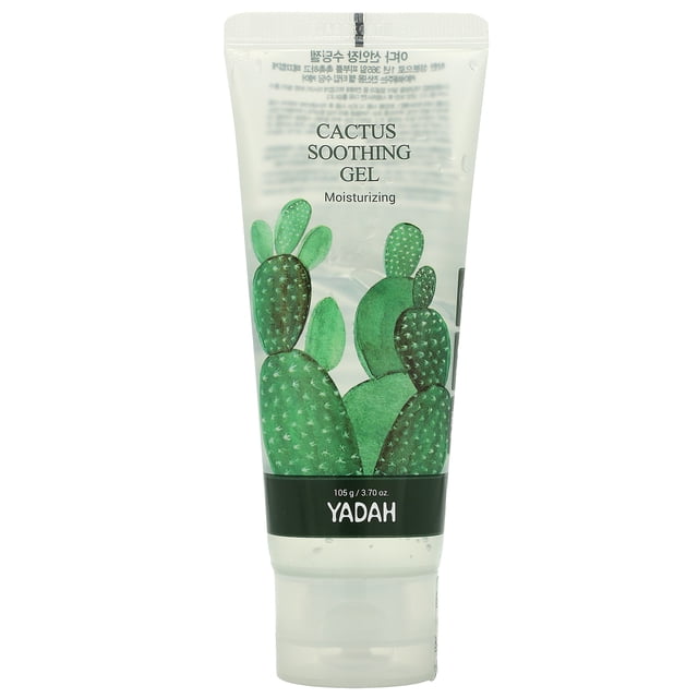 Yadah Cactus Soothing Gel, 3.70 oz (105 g), a moisturizing and vegan gel for face and body care. The product features a clear tube with green cactus illustrations and a flip-top cap. It is formulated with natural cactus extract, offering lightweight hydration and soothing properties for all skin types, including sensitive skin.