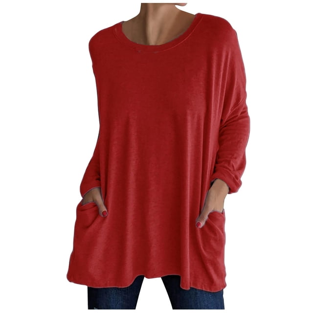 KIHOUT Spring Winter Womens Tops New Round Neck Long Sleeve Loose Pocket Solid Color Casual Top