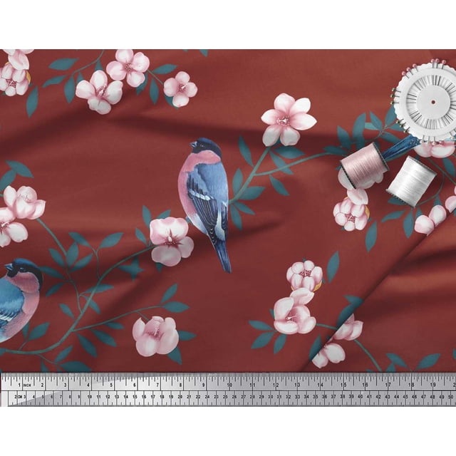 Soimoi Red Heavy Canvas Fabric Peach Floral & American Robin Bird Decor Fabric Printed BTY 58 Inch Wide