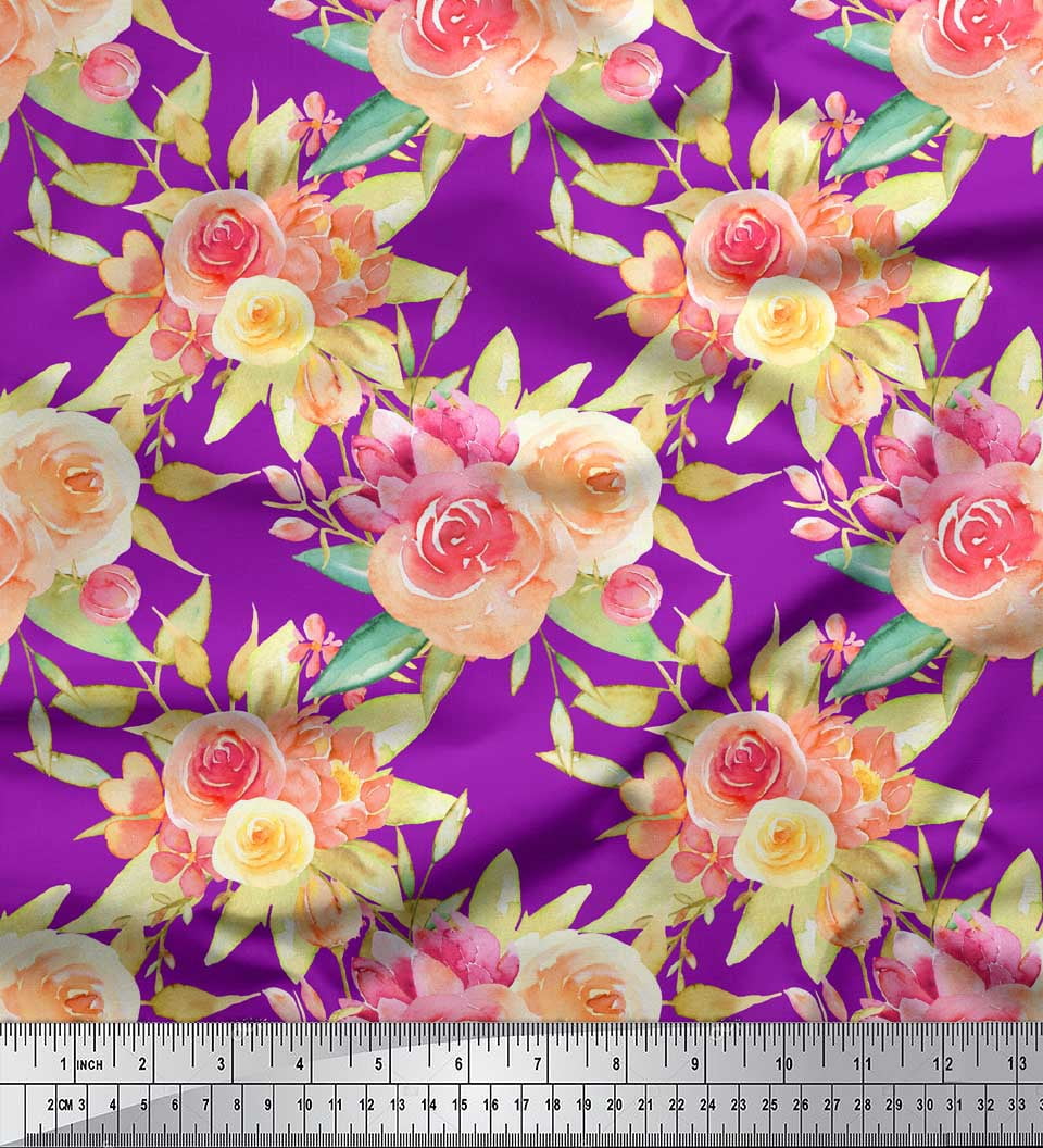 Soimoi Purple Cotton Voile Fabric Leaves & Ranunculus Floral Print Fabric by Yard 42 Inch Wide