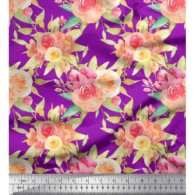 Soimoi Purple Heavy Canvas Fabric Leaves & Ranunculus Floral Print Fabric by the Yard 58 Inch Wide