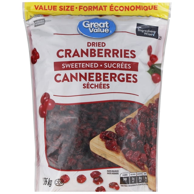 Great Value Sweetened Dried Cranberries in a resealable value-size bag with a clear window showing dried fruit and a wooden board with cranberries, ideal for snacking or adding bold, tangy flavour to baked goods and salads.