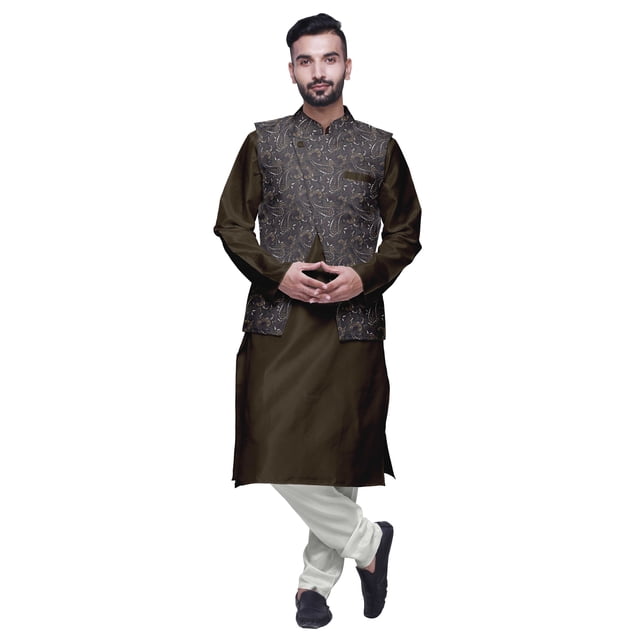 Atasi Indian Long Kurta Men Solid Kurta Pajama With Printed Nehru Jacket Set