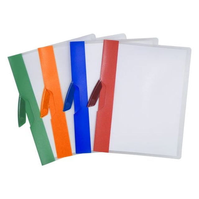 Storex Couverture de Rapport à Pince Pivotante avec Rayures de Couleurs Assorties en Lot de 14 Unités, Fabriquée en Polypropylène durable avec Technologie à Pince Pivotante pour Sécuriser les documents, Présentée en Pinces Vertes, orange, Bleues et Rouges avec Couvertures avant Transparentes, Idéale pour l'Organisation de Bureau et la protection des documents.