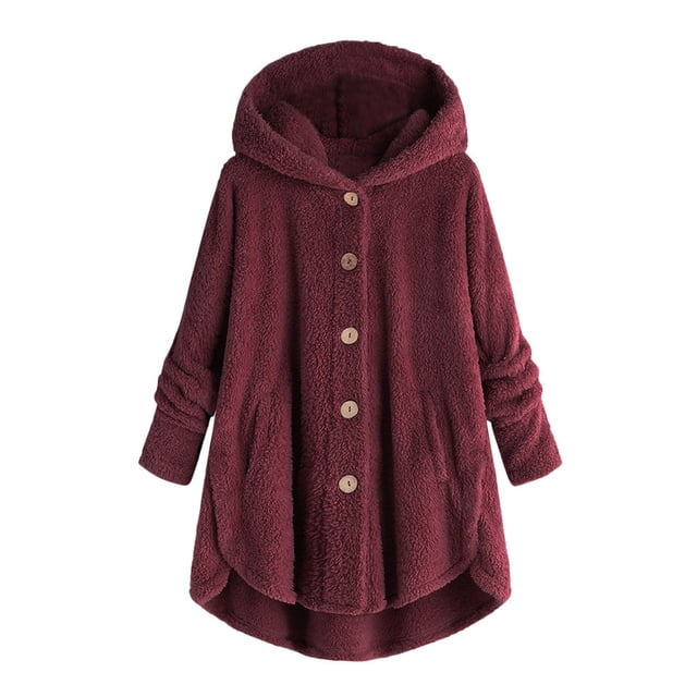 TIMIFIS Womens Fuzzy Fleece Jacket Zip Up Oversized Winter Warm Sweatshirt Hoodies Coat Long Sleeve Button Shacket Jacket Fashion-WineFall/Winter