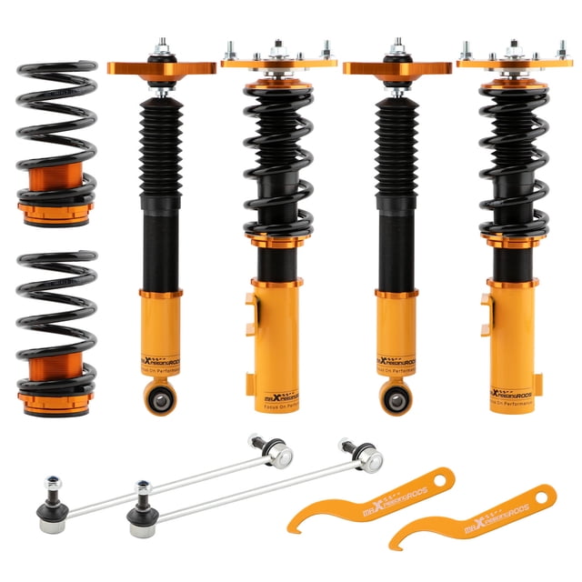 Maxpeedingrods Coilover Struts Full Kit for Hyundai Genesis Coupe 2-Door 2011-2016, featuring adjustable height, independent ride height and spring tension settings, and a twin-tube system for a comfortable ride. Includes high-rigidity 55CrSi steel cold-bent coil springs, anodized shock bodies with anti-corrosion coating, and CNC billet aluminum parts. The kit comes with two front and two rear coilovers, two sway bars, and a pair of wrenches for height adjustment. Designed for daily driving and light track use.