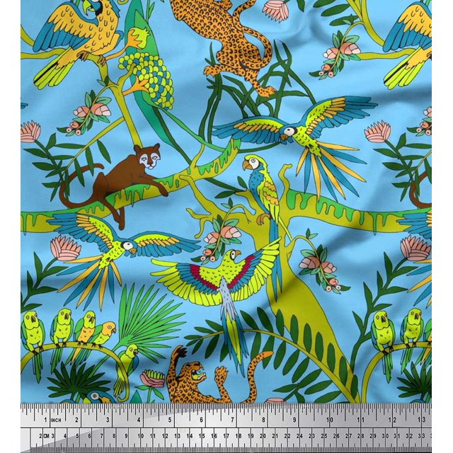 Soimoi Cotton Poplin Fabric Branches,Parrot & Leopard Jungle Decor Fabric Printed Yard 42 Inch Wide