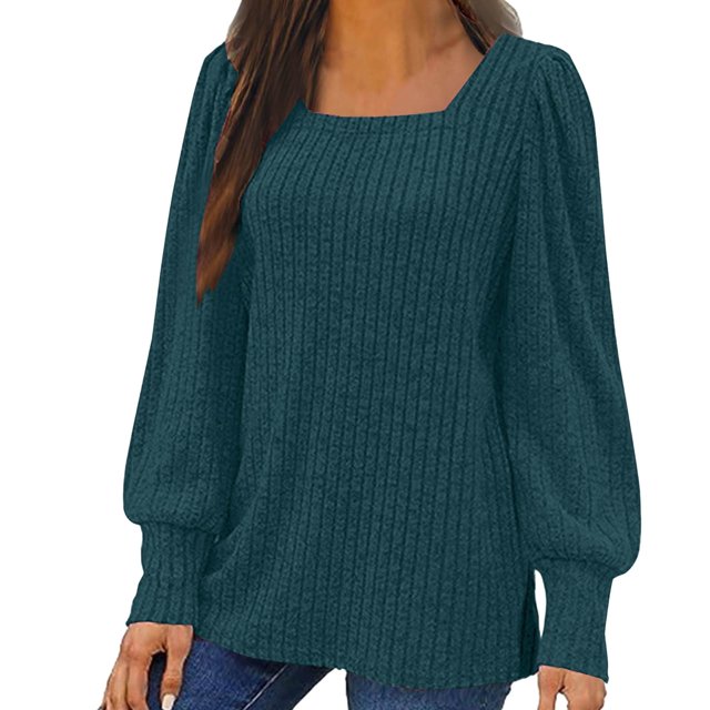 Meichang Puff Long Sleeve Shirts for Women Plus Size Square Neck Ribbed Knit Tops Solid Loose Fit Side Slit Hem Blouses Spring Trendy Women Tunic Tops