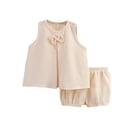 thumbnail image 2 of YUTK Girls' Active Pants Set,Solid Color Gauze Set Double-Layer Breathable Two-Piece Set Bow Top and Pants Set Round Neck Set Sale Beige, 2 of 3
