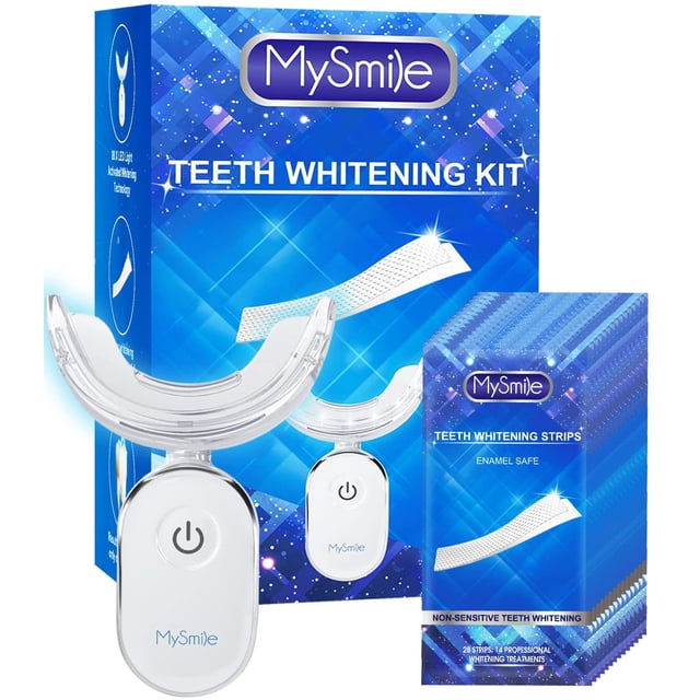 MySmile Teeth Whitening Strips with Light, a professional teeth whitening kit featuring 28 non-sensitive white strips and a rechargeable LED whitening accelerator. Designed for oral care, the kit includes enamel-safe whitening strips and a LED light with 28 bulbs to remove surface and deep enamel stains. The packaging prominently displays the MySmile branding and product details.