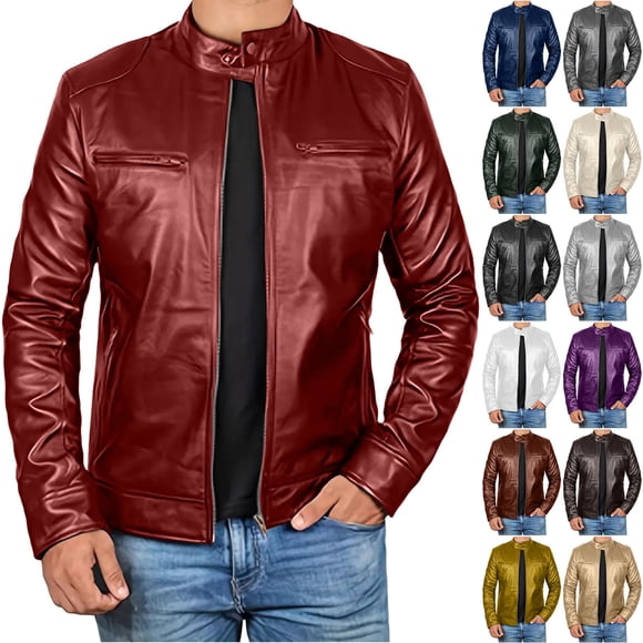 YOIAVAIOY Mens Faux Leather Cropped Jacket Zip Up Moto Jackets Stand Collar Long Sleeve Biker Coats Khaki XXXXL