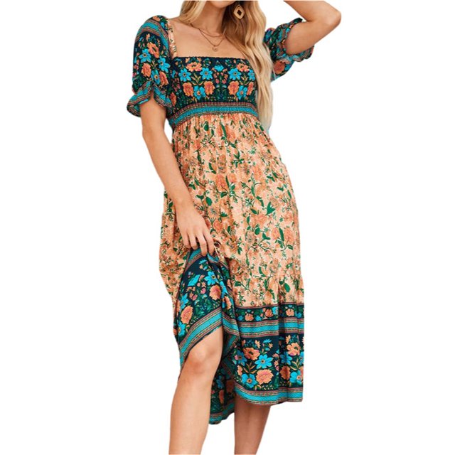 Faithtur Femmes d'Été Robe Bohème Manches Courtes Plissée Poitrine Motif Floral Boho Style une Pièce Jupe de Gâteau