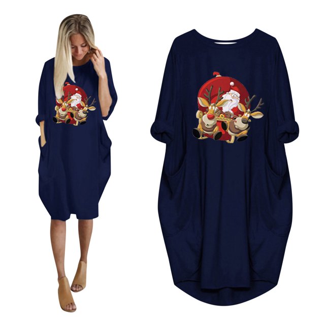 Styesk Robes pour Femmes la Mode Robe d'Hiver pour Femmes Grande Taille Ample avec Poches Robe de Noël Imprimée