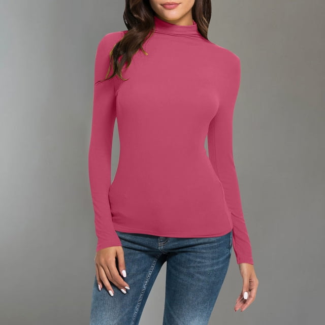 Mefallenssiah Mode Femmes Col Roulé Uni Manches Longues Tricot T-Shirt Blouse Ajustée Hauts Rose Vif TG