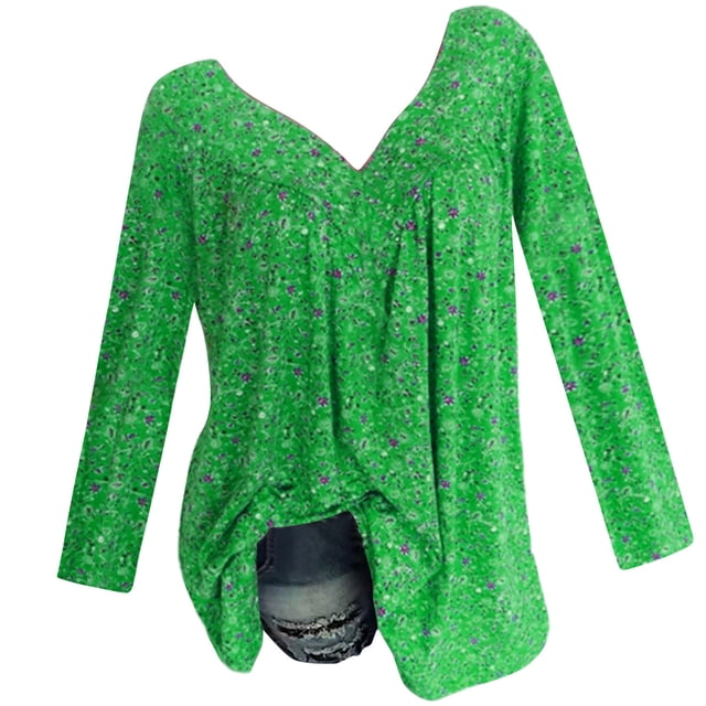 CLESALE Blouse à Manches Longues à Col en V Imprimé pour Femme Grande Taille, Chandail, Hauts, Chemise, Vert 3TG