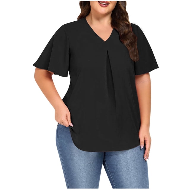 Frostluinai Women's Tops Plus Size Ruffle Short Sleeve Tunic Shirts V Neck Pleated Tshirts Solid Color Flowy Blouses Lightweight Going Out Tees