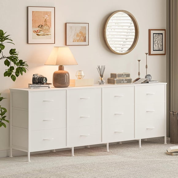 70 Inch Dresser for Bedroom, TV Stand for 65, 75, 80 Inch TV, 12 Fabric Drawer Long Dresser, Wide Chest of Drawer with Storage, Charging Station, Large Entertainment Center for Living Room, Entryway