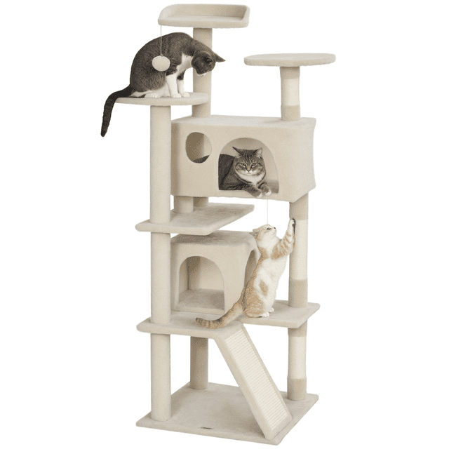 PawHut 54" Cat Tree Tower with Scratching Posts, Cat Condos, Beige. This large cat tree features multiple platforms, two cozy condos, a bed, and a scratching ramp, all covered in soft beige plush. Designed for 1-3 cats up to 10 lbs, it includes sisal-wrapped posts for clawing, a toy ball for play, and an anti-tipping kit for safety. Made from durable particleboard, it measures 19.3" W x 19.3" D x 54.3" H, offering ample space for climbing, lounging, and scratching.