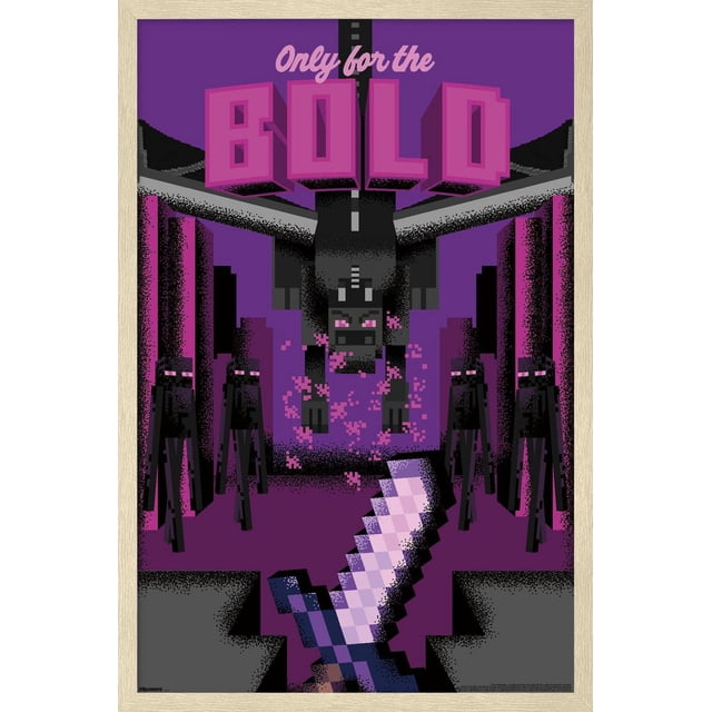 Minecraft: Discover - Only For The Bold Wall Poster, 14.725" x 22.375" framed, depicting pixelated Minecraft Endermen and an Ender Dragon with glowing purple eyes on a purple background, a pixelated sword in the foreground, and bold pink text 'Only for the BOLD'. Ideal for decorating bedrooms, offices, or gaming rooms.