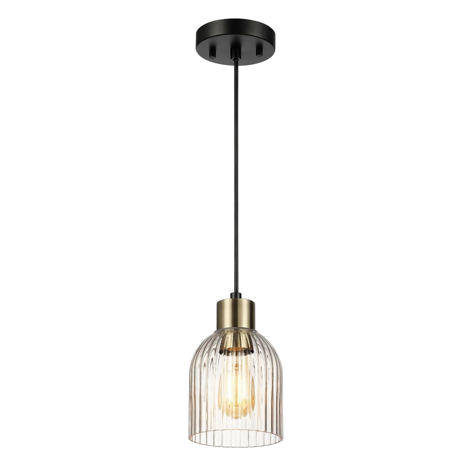 Globe Electric 1-Light Matte Black Pendant Light with Ribbed Glass Shade and Matte Brass Accent
