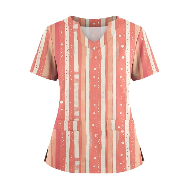 Ktyne Tuniques Médicales pour Femmes à Col en V, Hauts de Sarrau à Manches Courtes Extensibles, Uniforme d'Infirmière Léger, Hauts de Sarrau avec Poches, Rouge Melon D\'eau, m