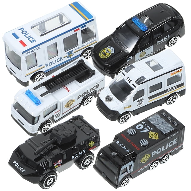 CIMAXIC 6pcs Assorted Police Car Models Die-cast Car Toys featuring six detailed toy vehicles, including police vans, SUVs, and armored cars. Made from alloy and plastic, each car measures approximately 3.54 x 1.77 x 1.77 inches. Designed with inertia control for easy play, these simulation car models are ideal for kids' playtime, gifting, or decoration. The set includes black and white police-themed designs with RCMP and police department markings.