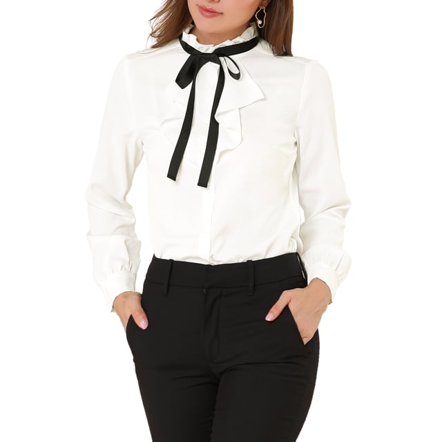 INSPIRE CHIC Women's Work Office Top Blouse Ruffle Neck Long Sleeve Ribbon Button Down Shirt